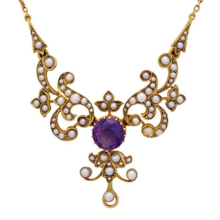 Victorian 1.95 carat amethyst pearl 14k yellow gold necklace