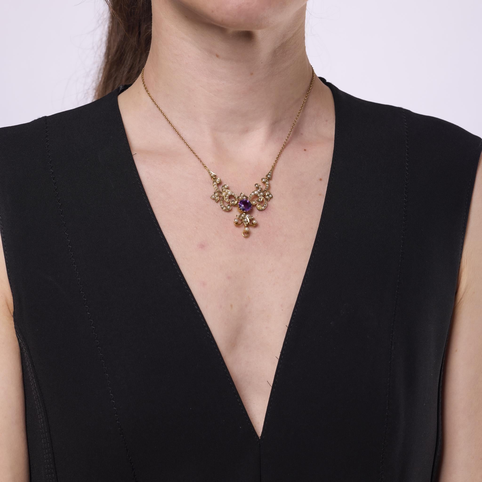 Victorian 1.95 carat amethyst pearl 14k yellow gold necklace