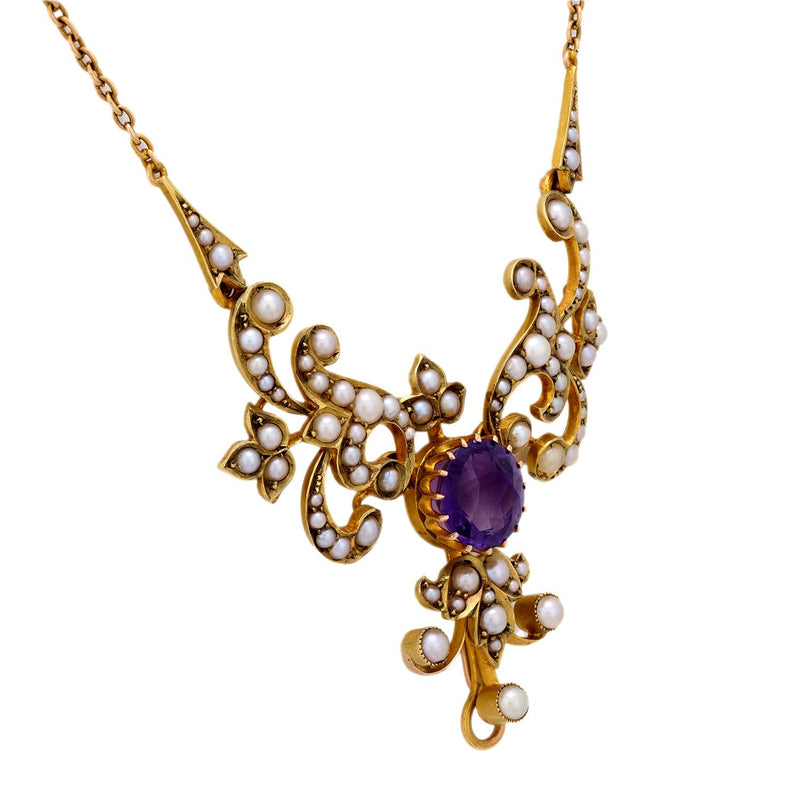 Victorian 1.95 carat amethyst pearl 14k yellow gold necklace