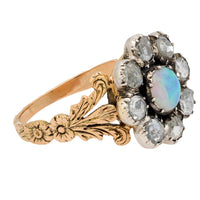 Victorian opal rose cut diamond 14k yellow gold silver cluster ring
