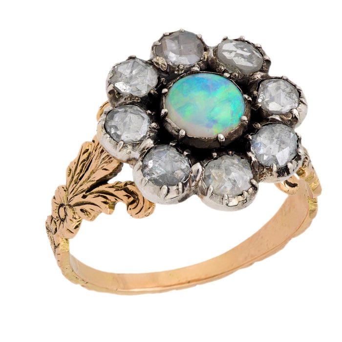 Victorian opal rose cut diamond 14k yellow gold silver cluster ring