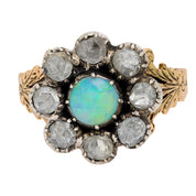 Victorian opal rose cut diamond 14k yellow gold silver cluster ring