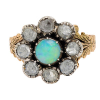 Victorian opal rose cut diamond 14k yellow gold silver cluster ring