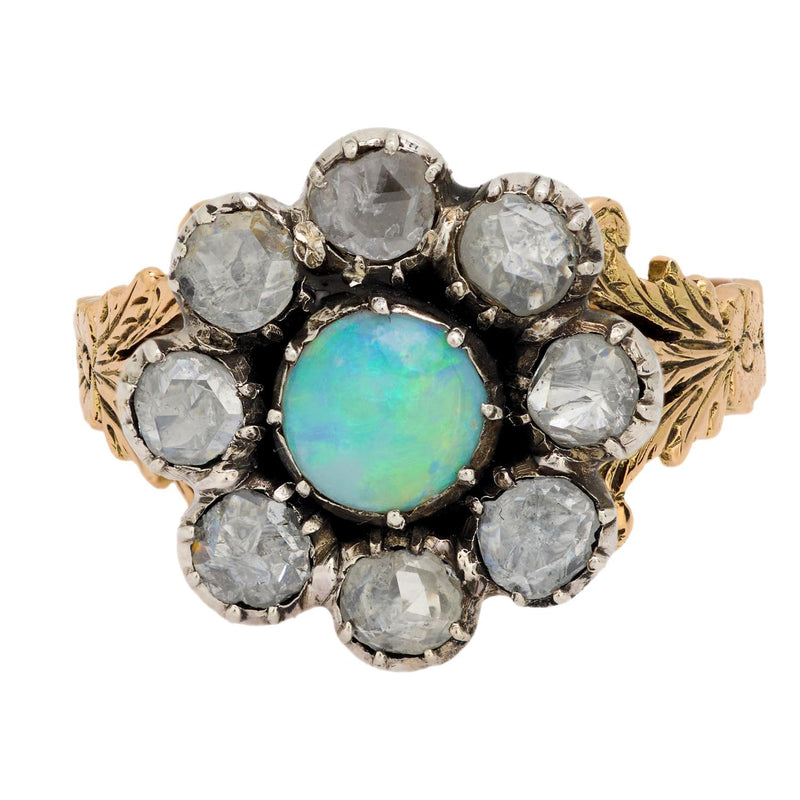 Victorian opal rose cut diamond 14k yellow gold silver cluster ring