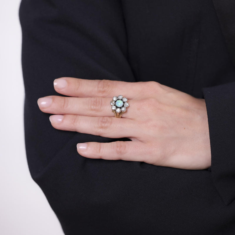 Victorian opal rose cut diamond 14k yellow gold silver cluster ring