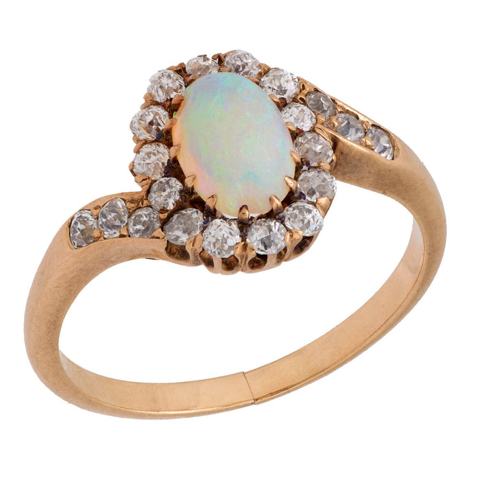 Victorian opal diamond 14k yellow gold swirl ring