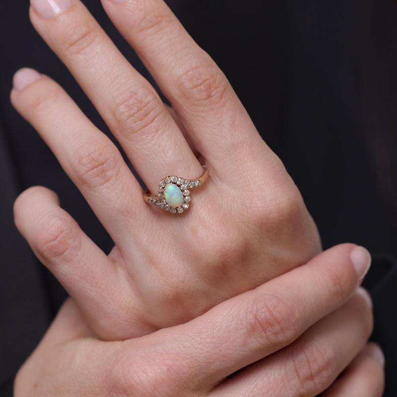 Victorian opal diamond 14k yellow gold swirl ring