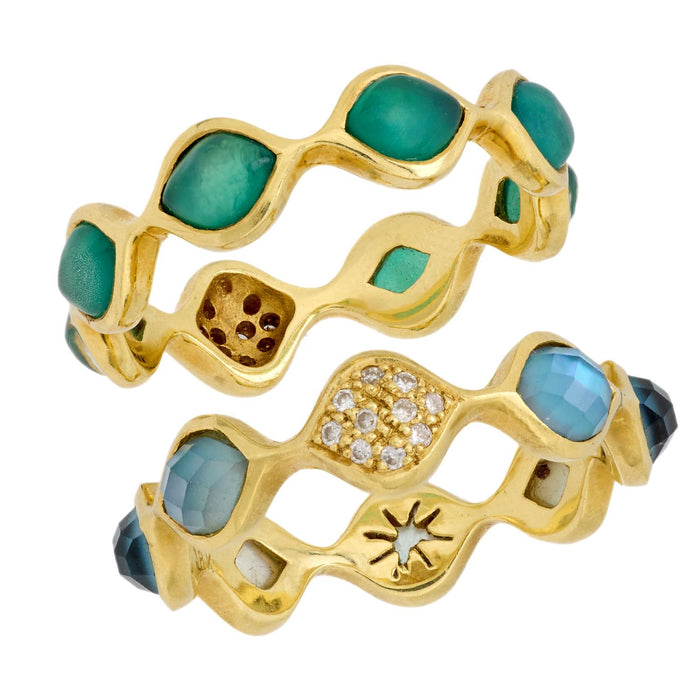 Modern gemstone and diamond 18k yellow gold eternity band set