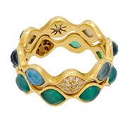 Modern gemstone and diamond 18k yellow gold eternity band set