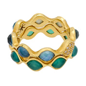 Modern gemstone and diamond 18k yellow gold eternity band set