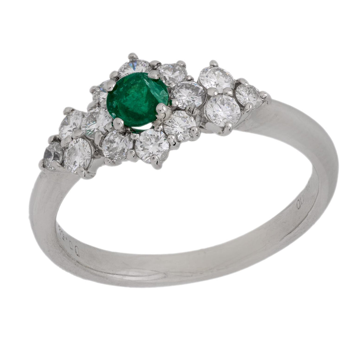 Modern emerald diamond platinum ring
