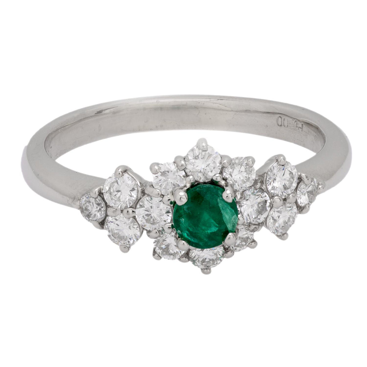 Modern emerald diamond platinum ring