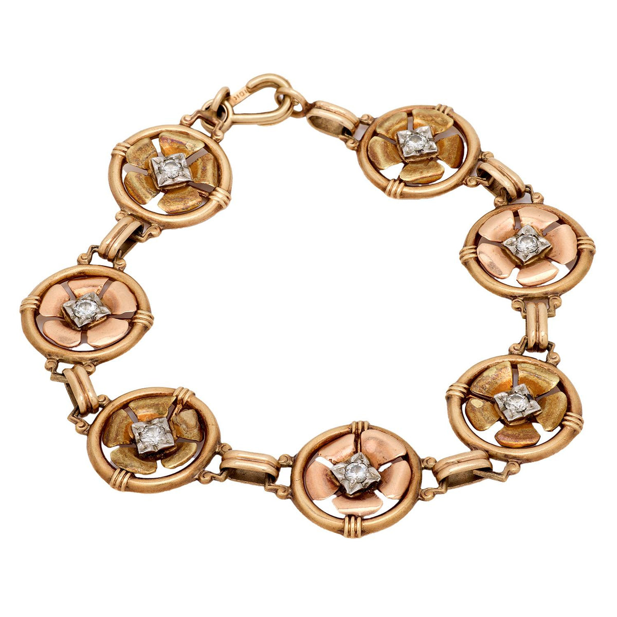 Retro diamond 10k rose gold flower bracelet