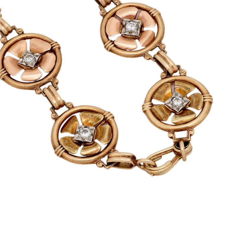 Retro diamond 10k rose gold flower bracelet
