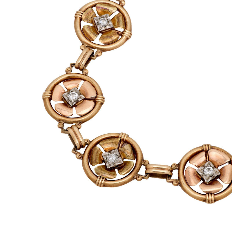 Retro diamond 10k rose gold flower bracelet