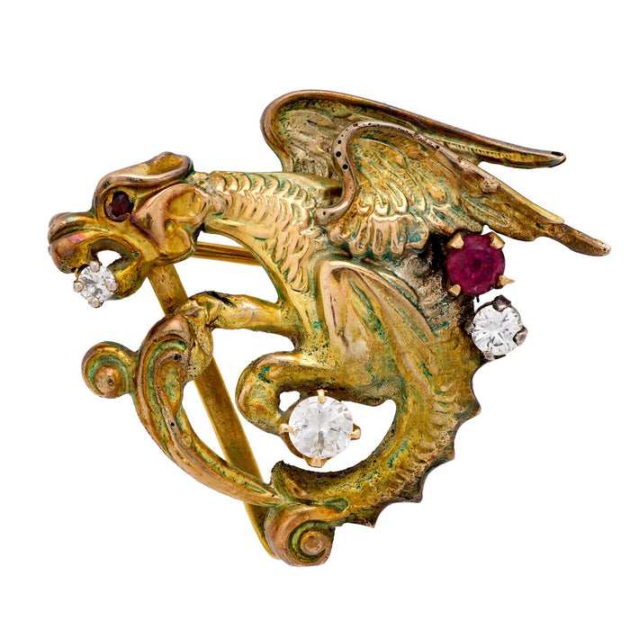 Vintage diamond ruby 10k yellow gold gryffin brooch