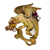 Vintage diamond ruby 10k yellow gold gryffin brooch