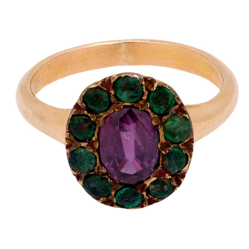 Victorian purple sapphire emerald 14k yellow gold cluster ring