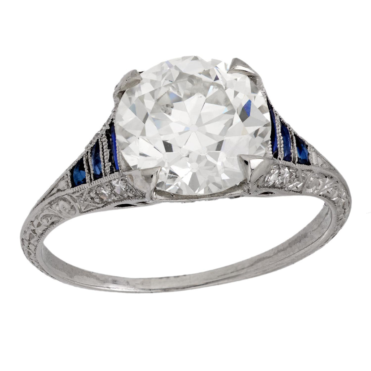 Art Deco GIA 2.67 carat old European diamond sapphire platinum engagement ring