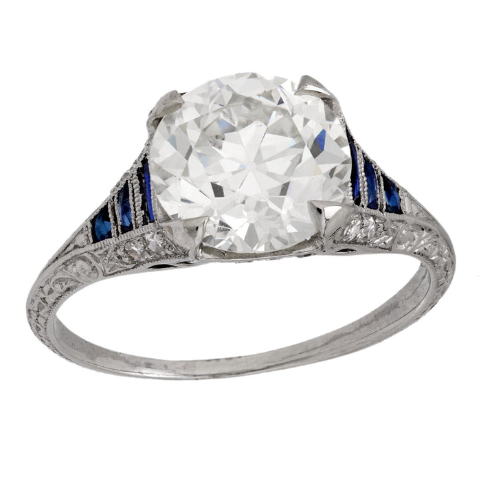 Art Deco GIA 2.67 carat old European diamond sapphire platinum engagement ring