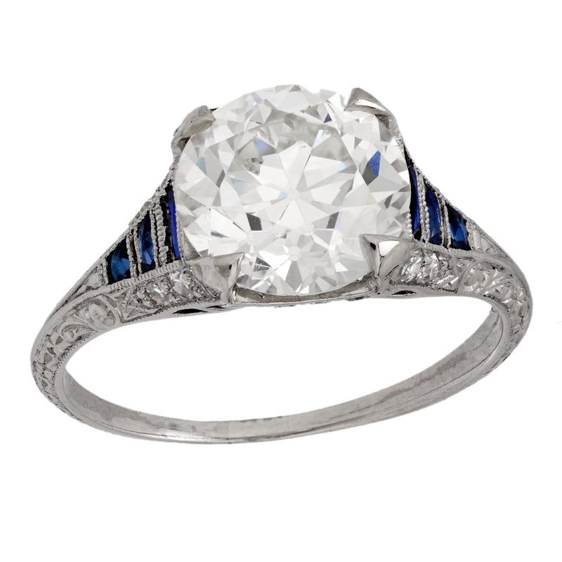 Art Deco GIA 2.67 carat old European diamond sapphire platinum engagement ring
