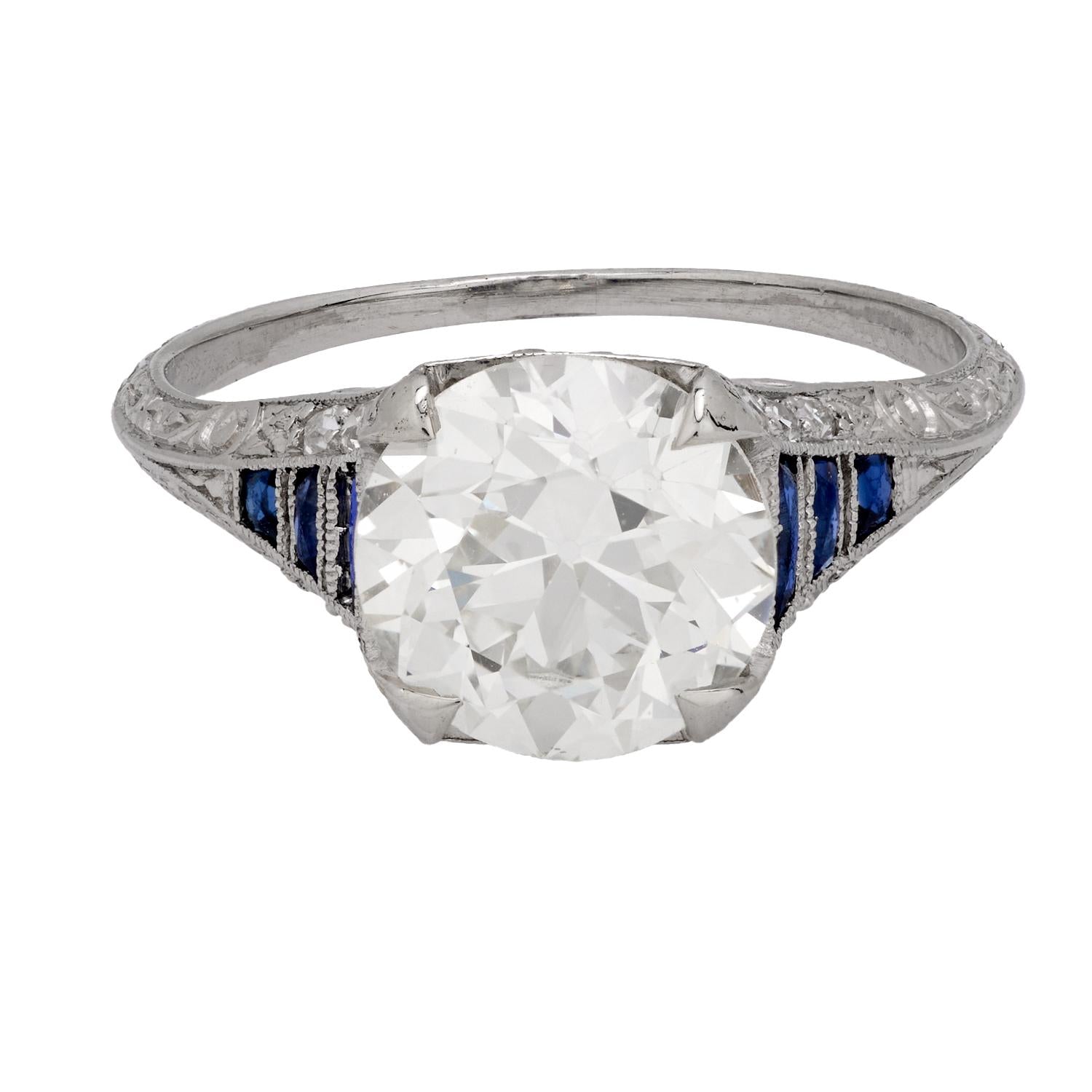 Art Deco GIA 2.67 carat old European diamond sapphire platinum engagement ring