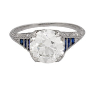 Art Deco GIA 2.67 carat old European diamond sapphire platinum engagement ring