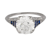 Art Deco GIA 2.67 carat old European diamond sapphire platinum engagement ring