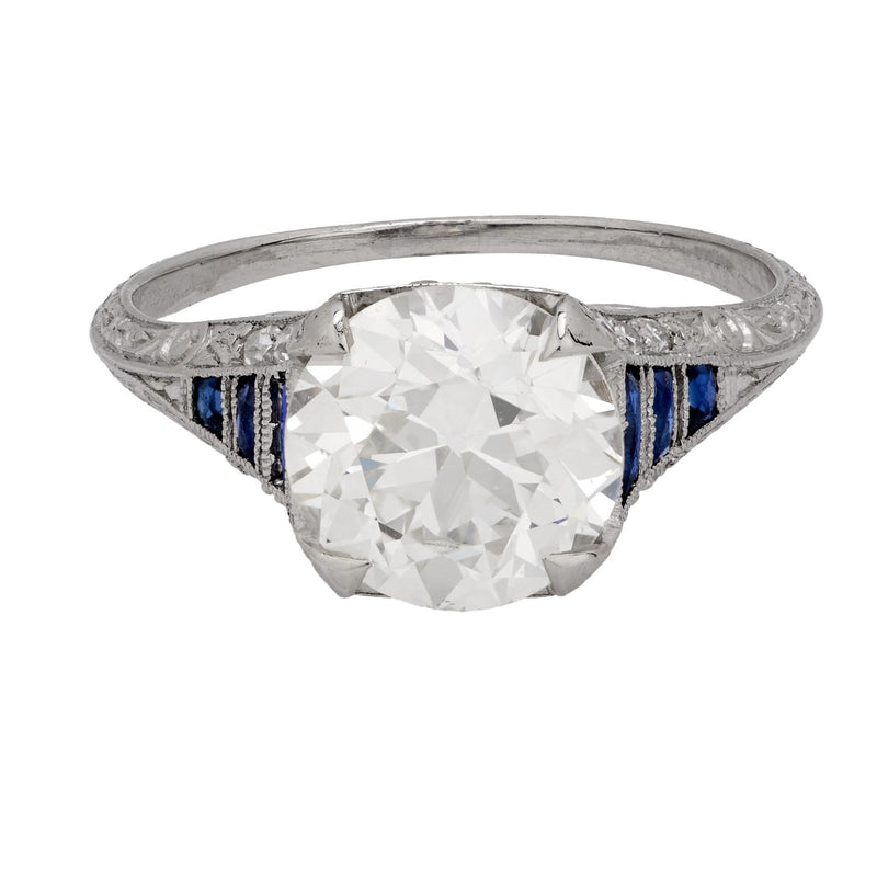 Art Deco GIA 2.67 carat old European diamond sapphire platinum engagement ring