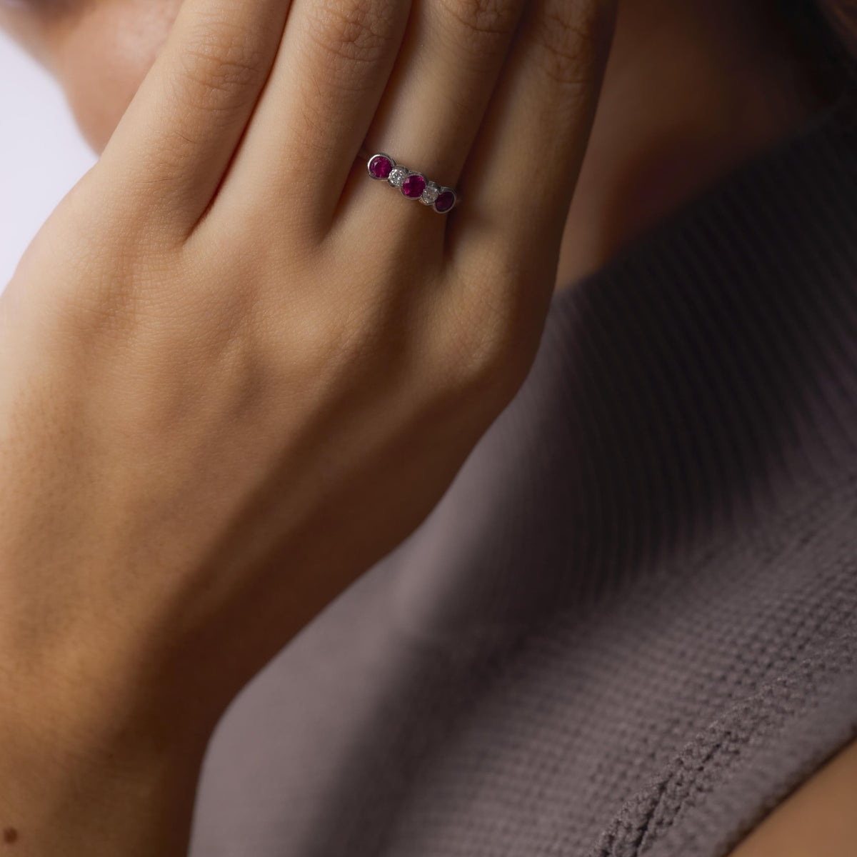 Retro ruby diamond 18k white gold eternity ring