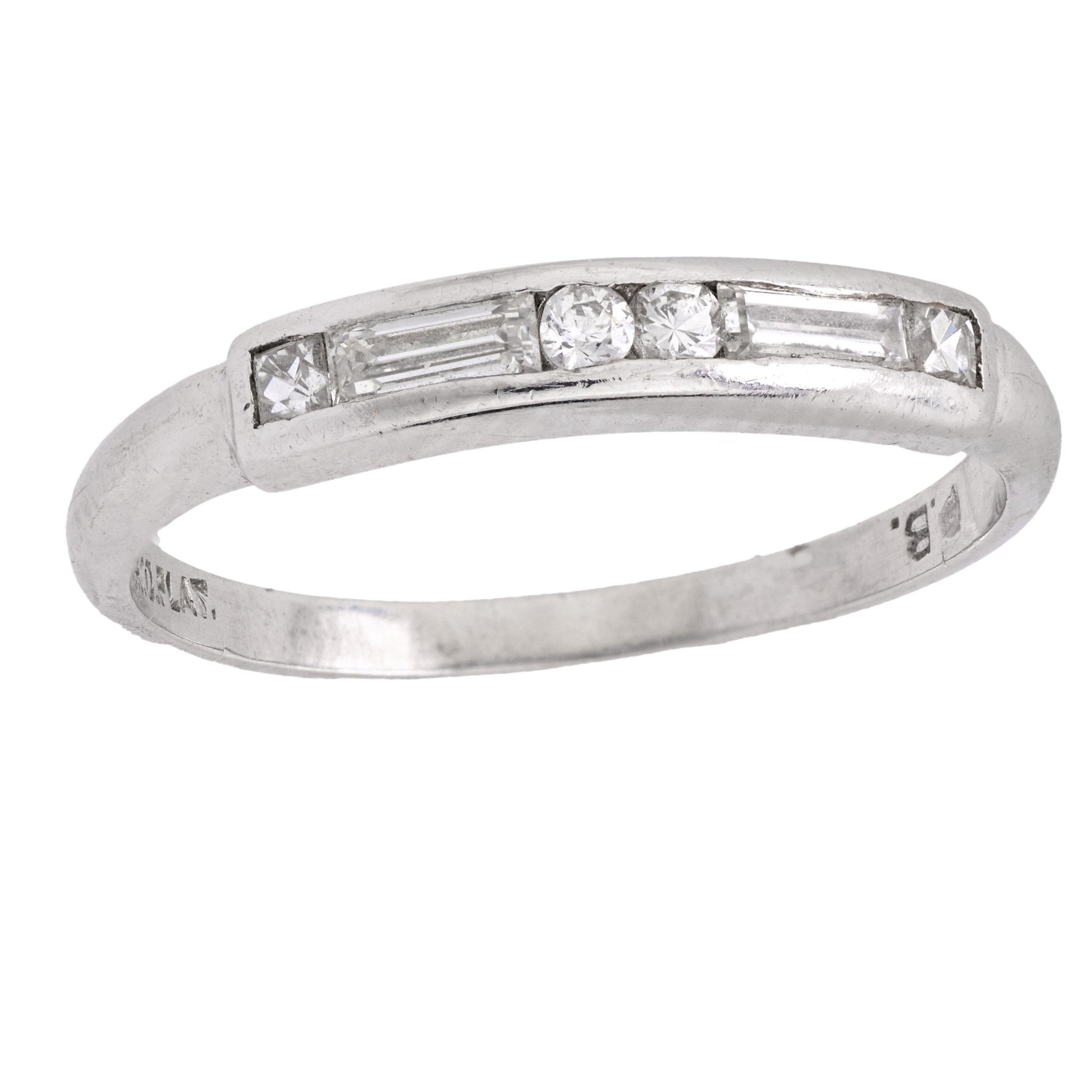 Art Deco round and baguette cut diamond platinum band