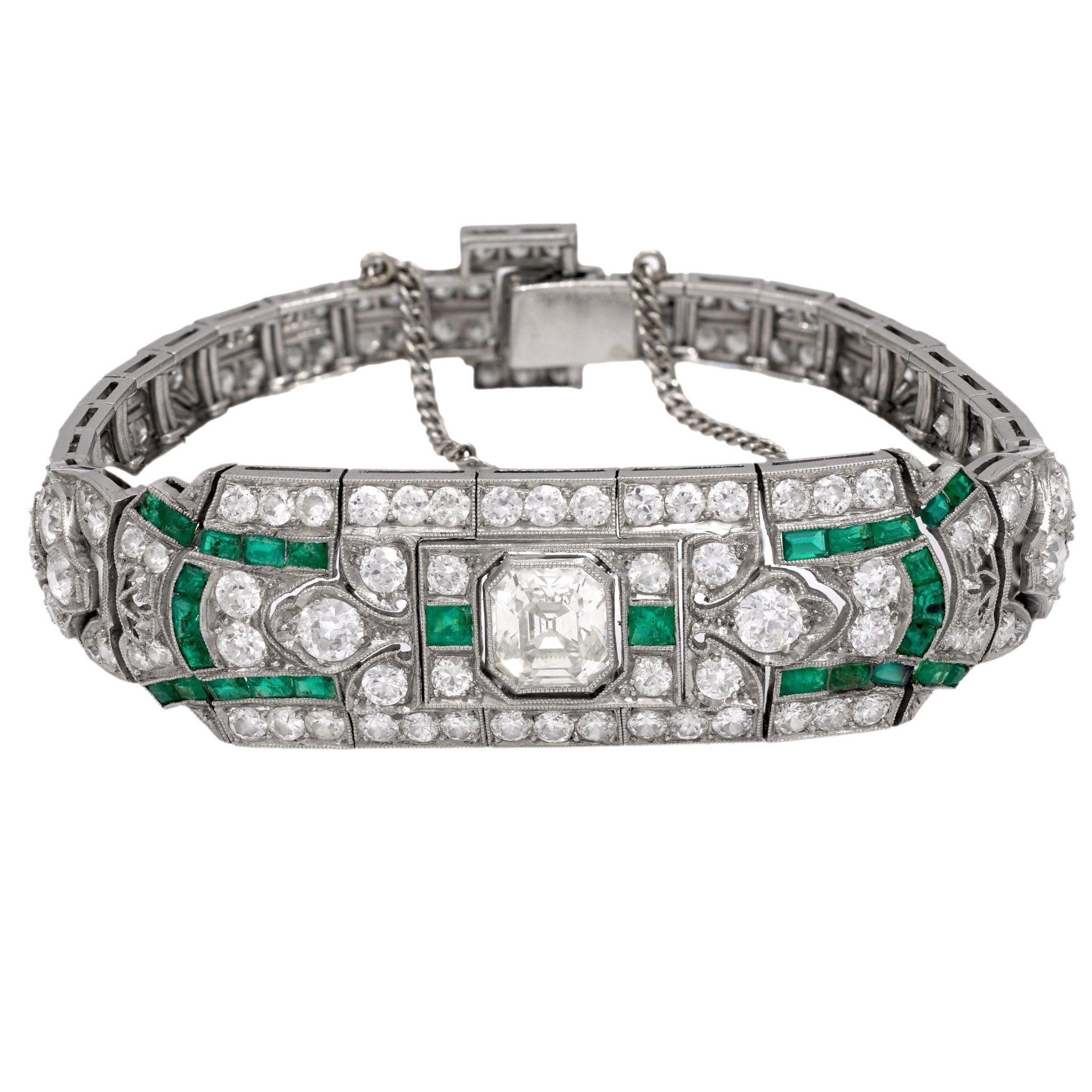 Art Deco 10 carat total weight diamond emerald platinum bracelet