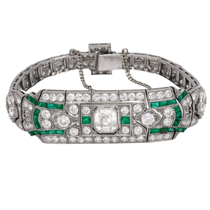 Art Deco 10 carat total weight diamond emerald platinum bracelet