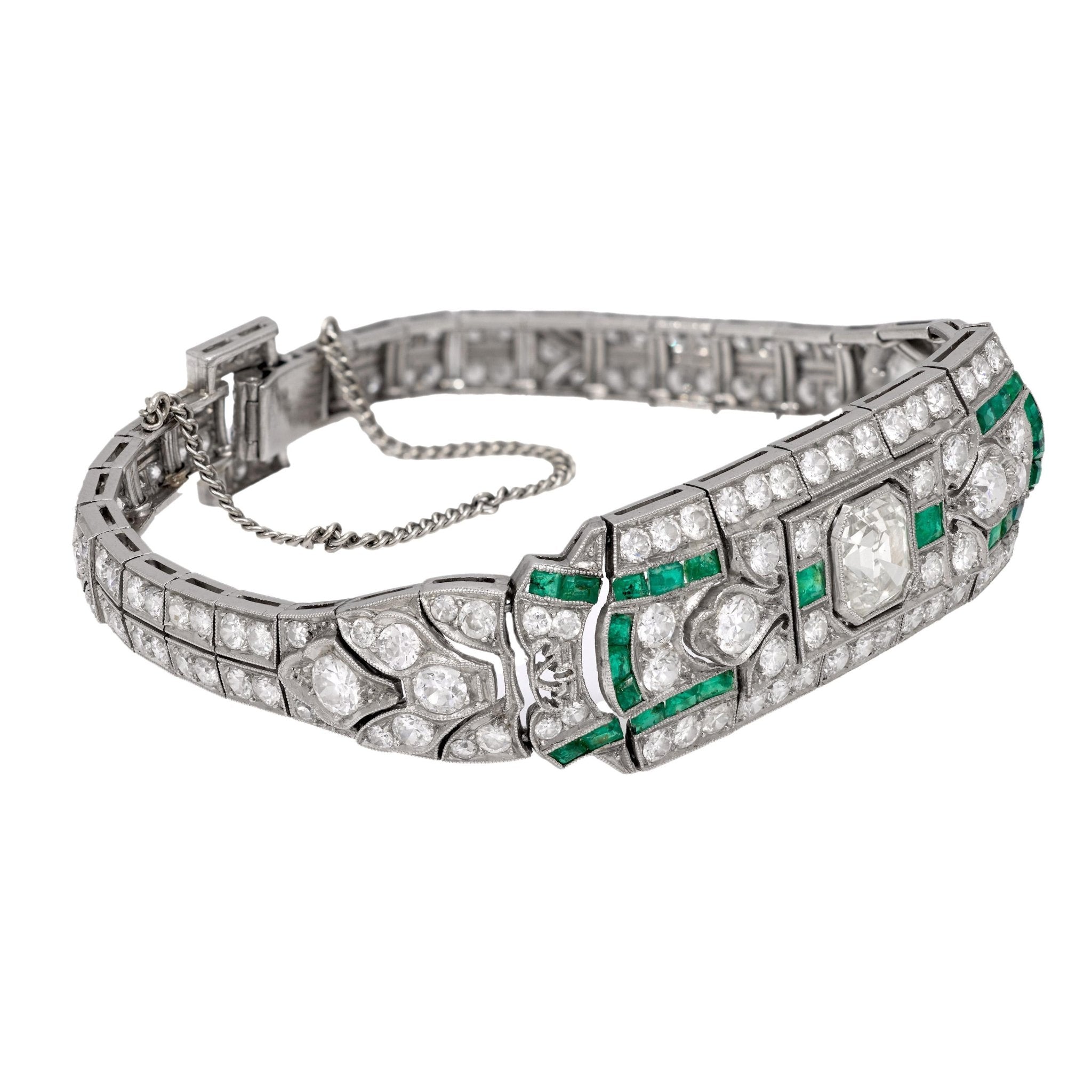 Art Deco 10 carat total weight diamond emerald platinum bracelet