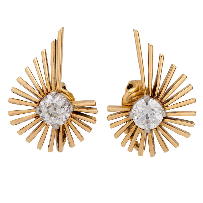 Retro 1.40 carat old European cut diamond 14k yellow gold spray earrings