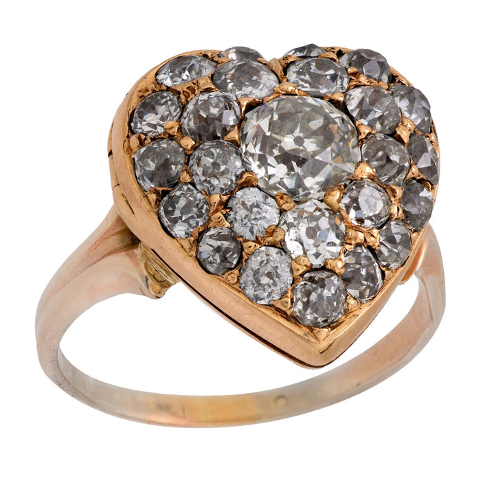 Victorian 2.85 carat total weight diamond 14k gold silver heart locket ring