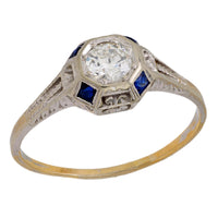 Art Deco diamond sapphire 18k white gold engagement ring