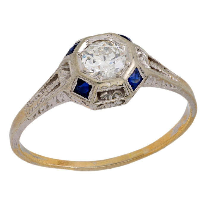 Art Deco diamond sapphire 18k white gold engagement ring