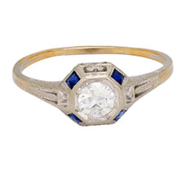 Art Deco diamond sapphire 18k white gold engagement ring