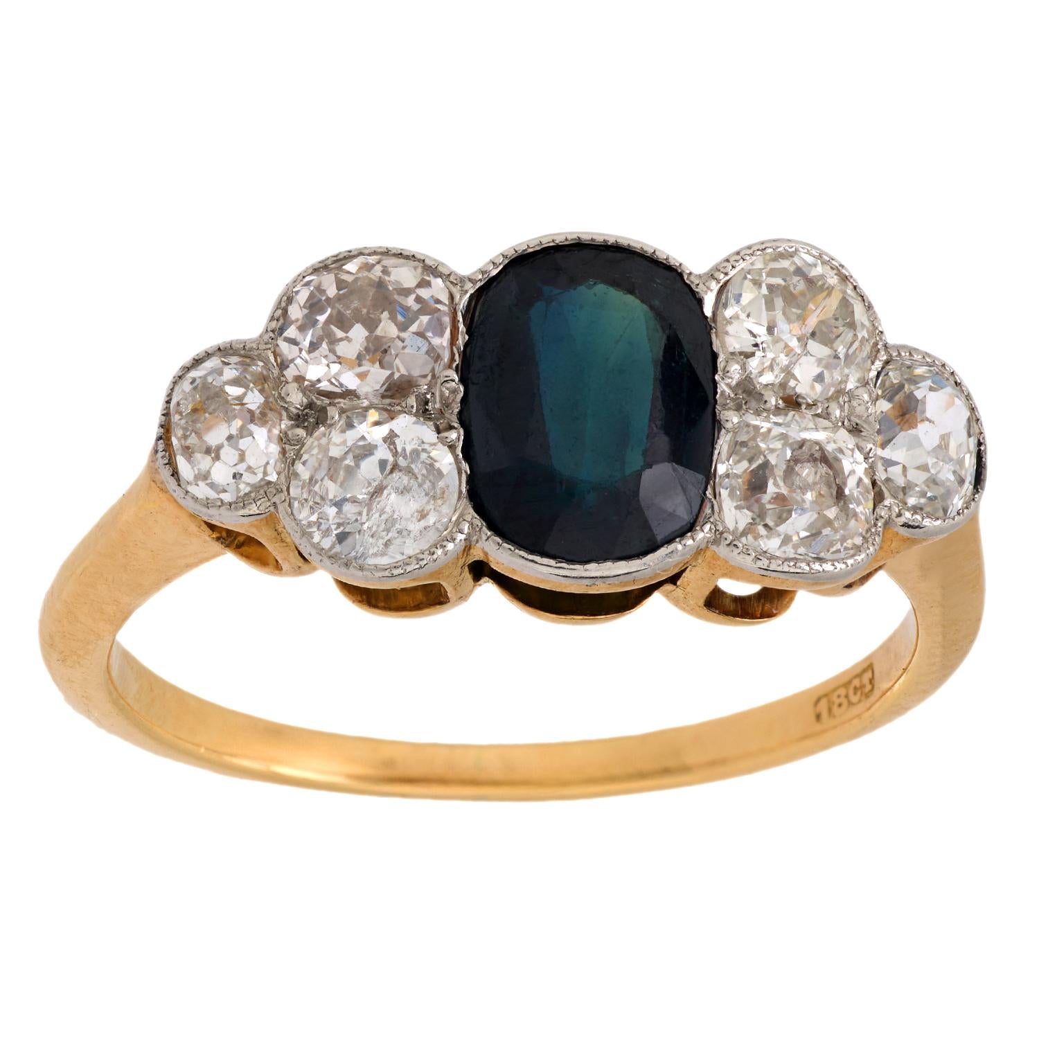 Victorian 1 carat sapphire diamond 18k yellow gold ring