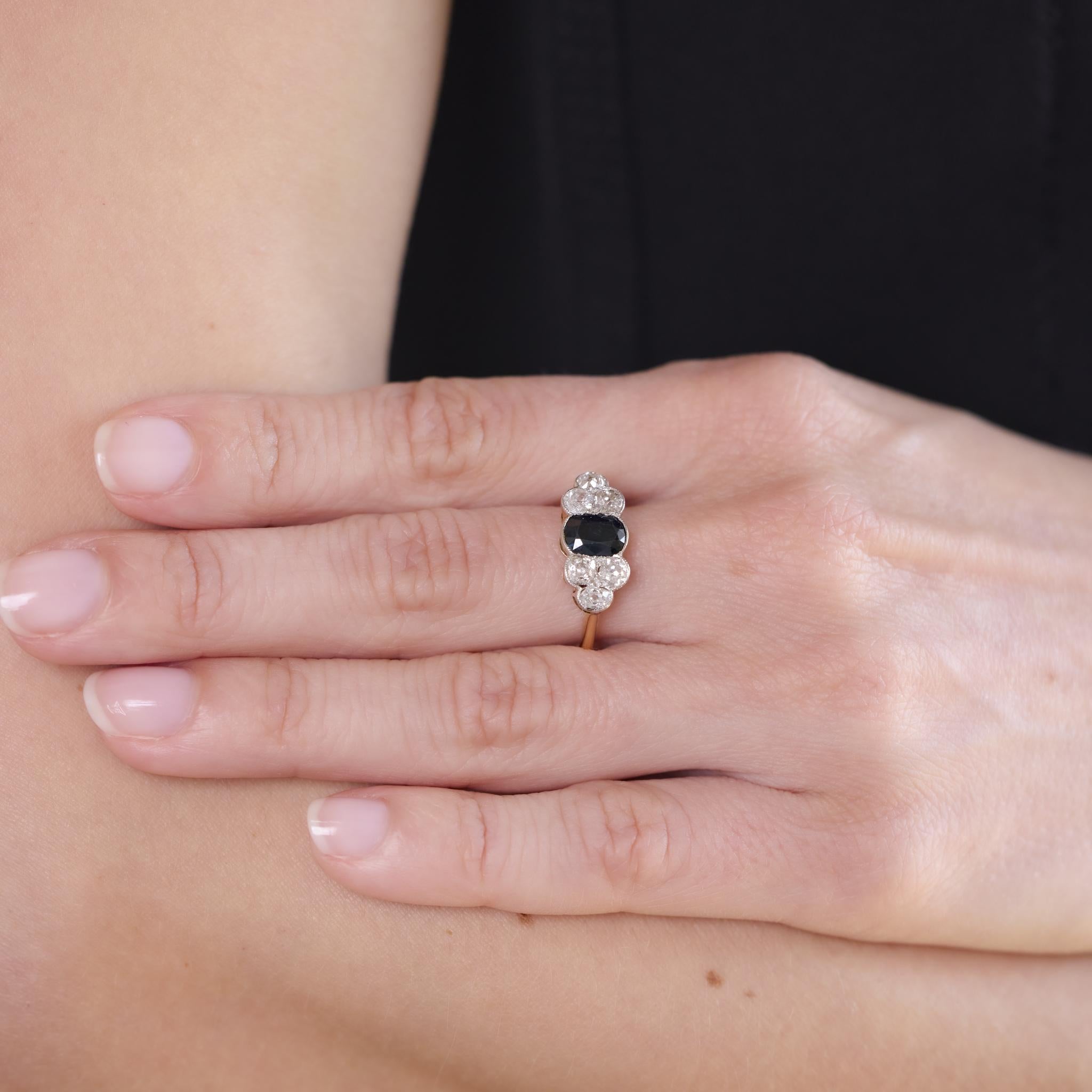 Victorian 1 carat sapphire diamond 18k yellow gold ring