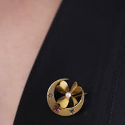 Victorian pearl ruby diamond sapphire 14k yellow gold crescent clover brooch