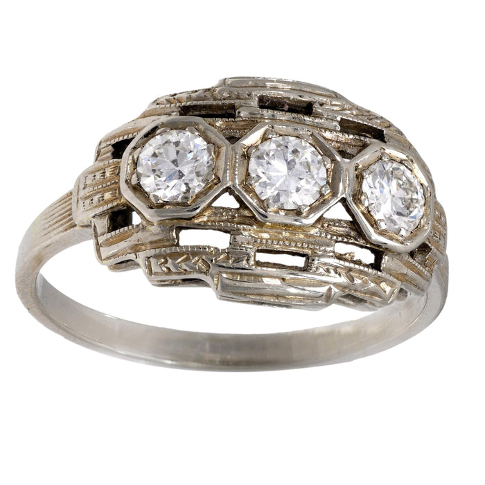 Art Deco diamond 18k white gold 3 stone ring