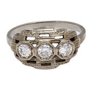 Art Deco diamond 18k white gold 3 stone ring