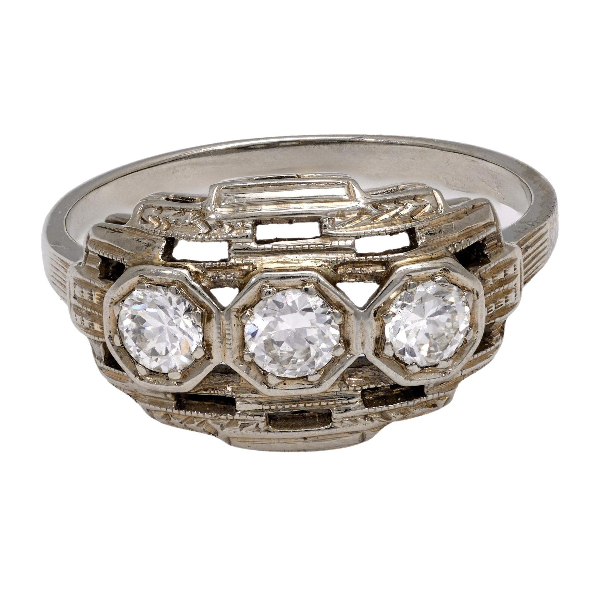 Art Deco diamond 18k white gold 3 stone ring