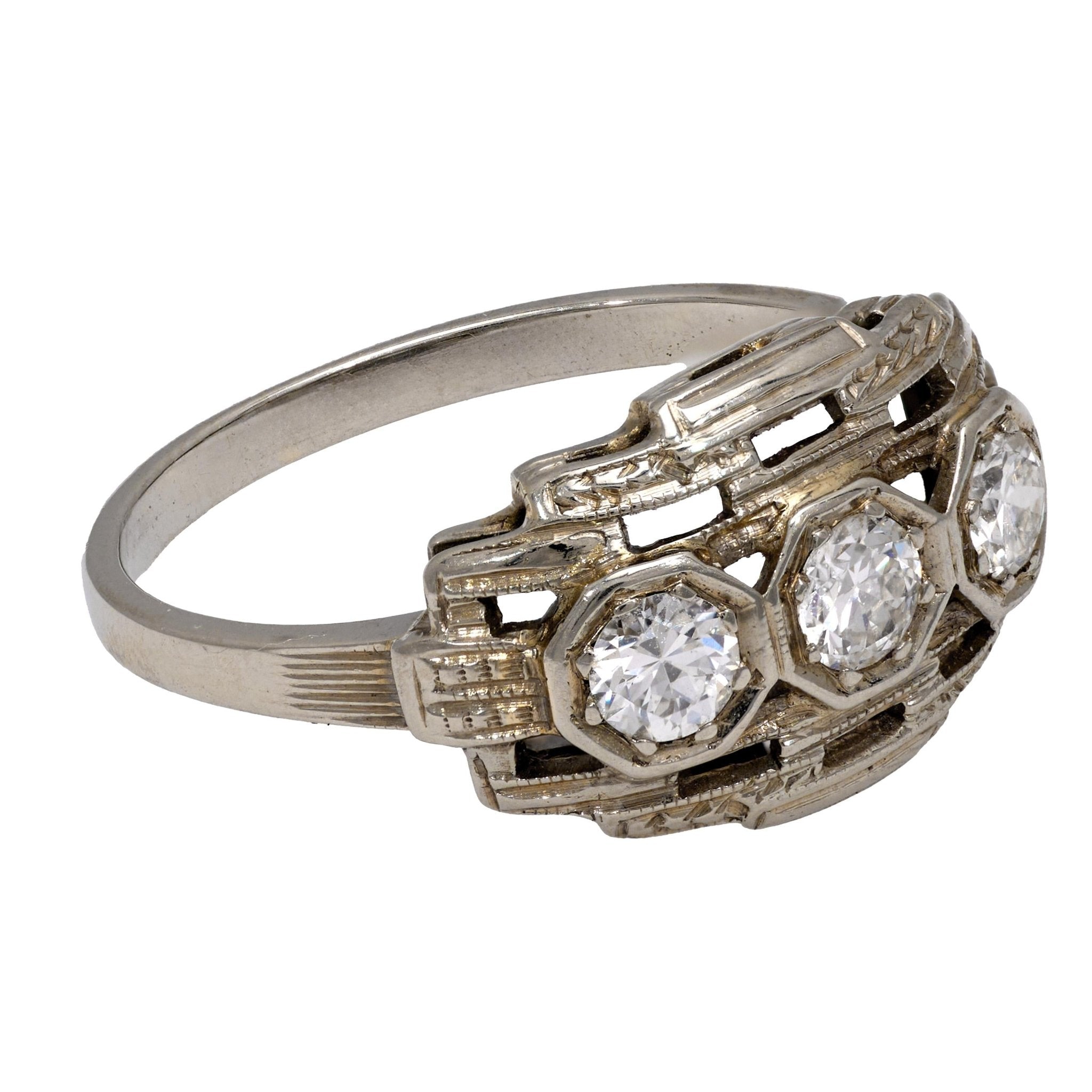 Art Deco diamond 18k white gold 3 stone ring