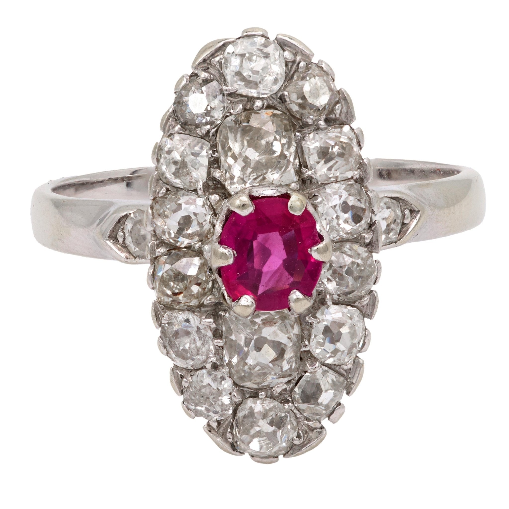Belle Époque French ruby diamond 18k white gold navette ring