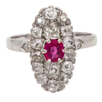 Belle Époque French ruby diamond 18k white gold navette ring