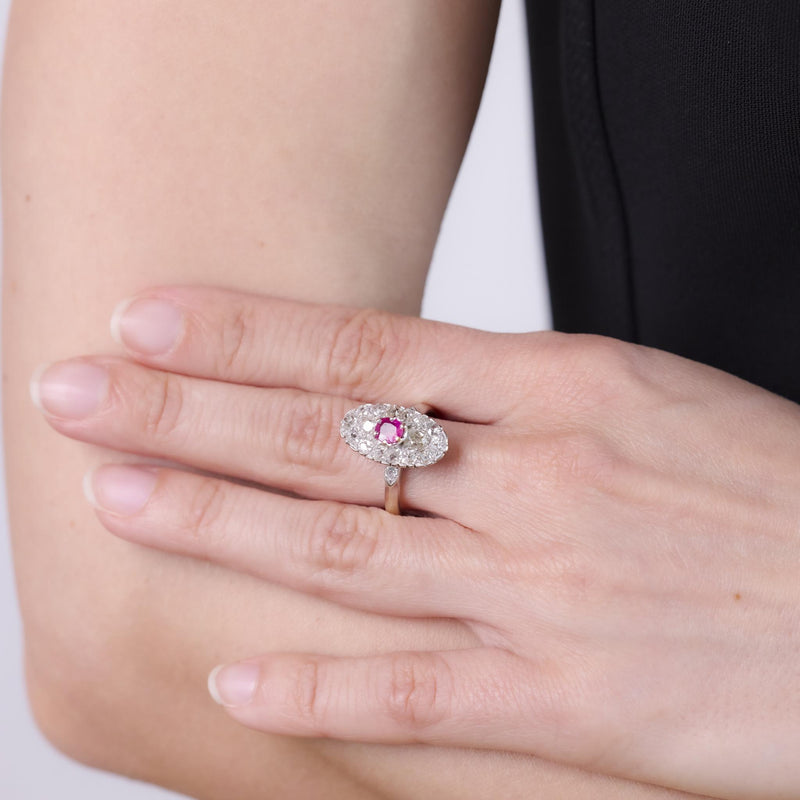 Belle Époque French ruby diamond 18k white gold navette ring