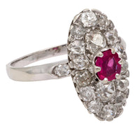 Belle Époque French ruby diamond 18k white gold navette ring